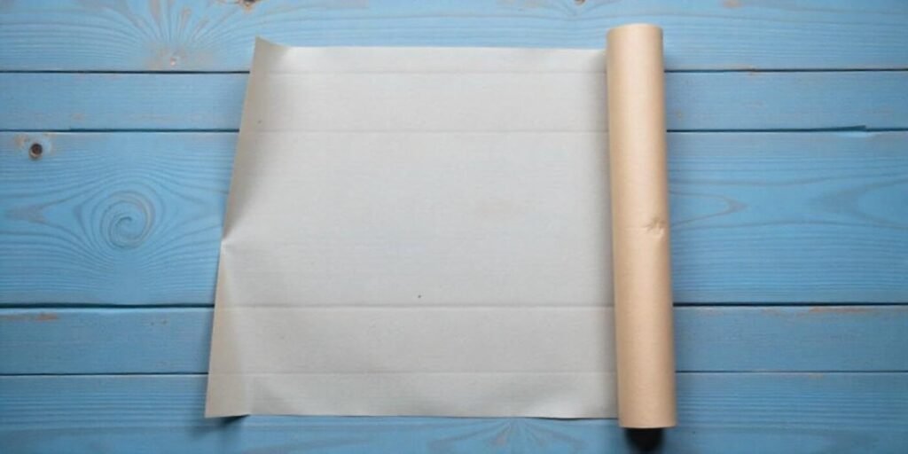 A rolled up piece up brown wax paper on blue wooden background